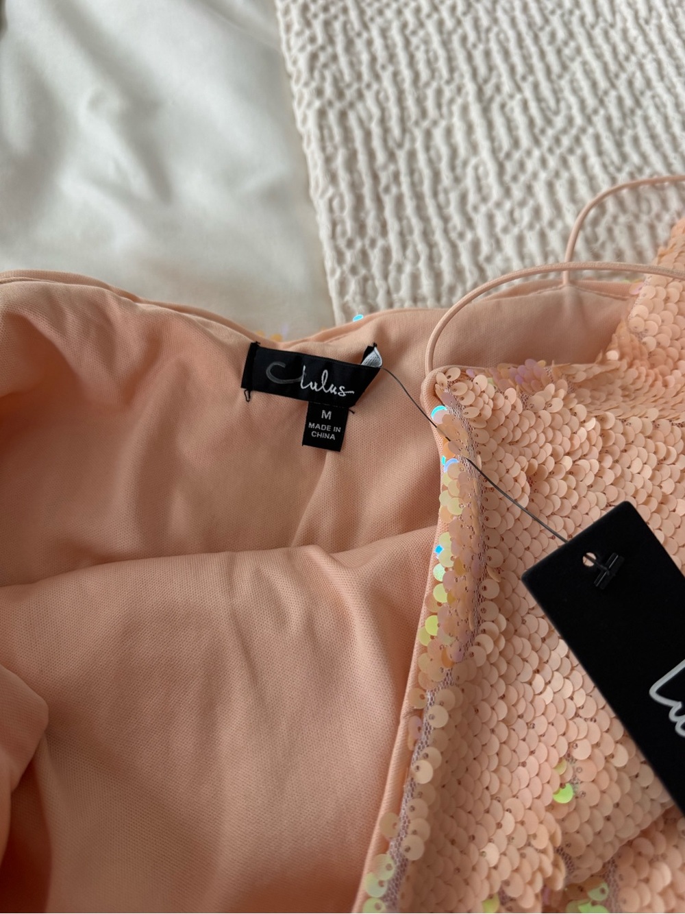 lulus Peach Sequin Ruffle Off-Shoulder Girls Dress - Picture 2 of 3